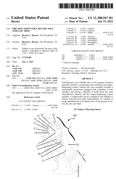 US Patent 11,388,947 B1 - Friction-Adjustable Rotary Sole Athletic Shoe